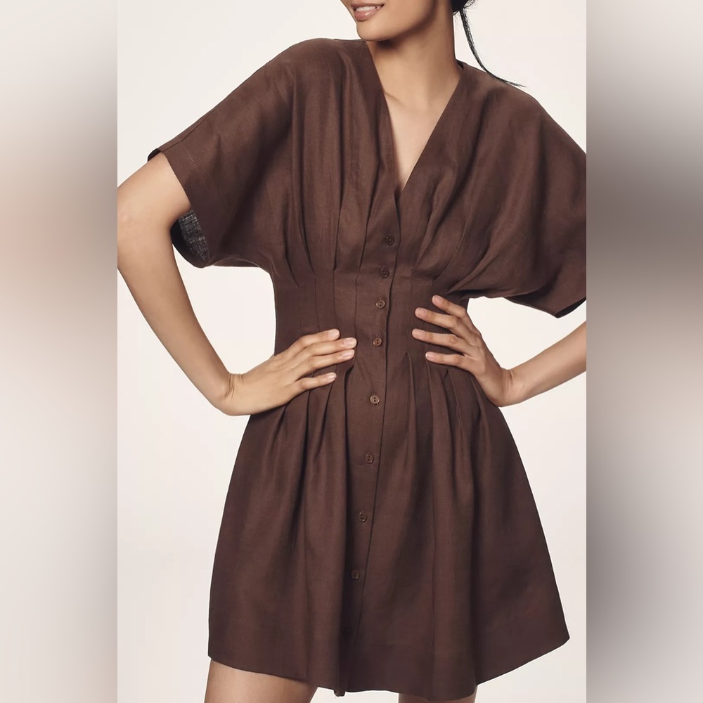Anthropologie Brown Short Sleeve Button-Front Mini Dress